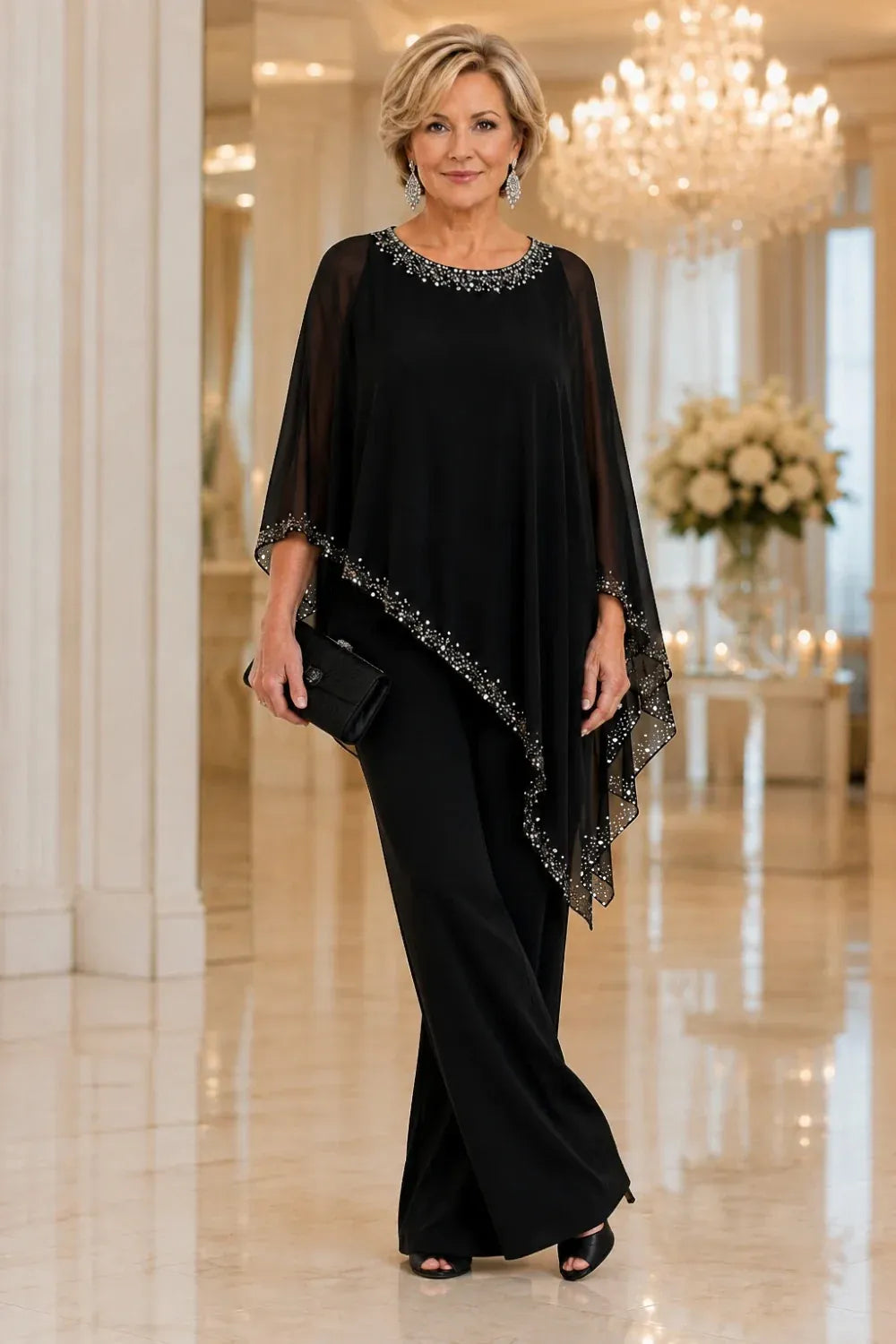 Evelyn | Beaded Cape Wide-Leg Pant Suit
