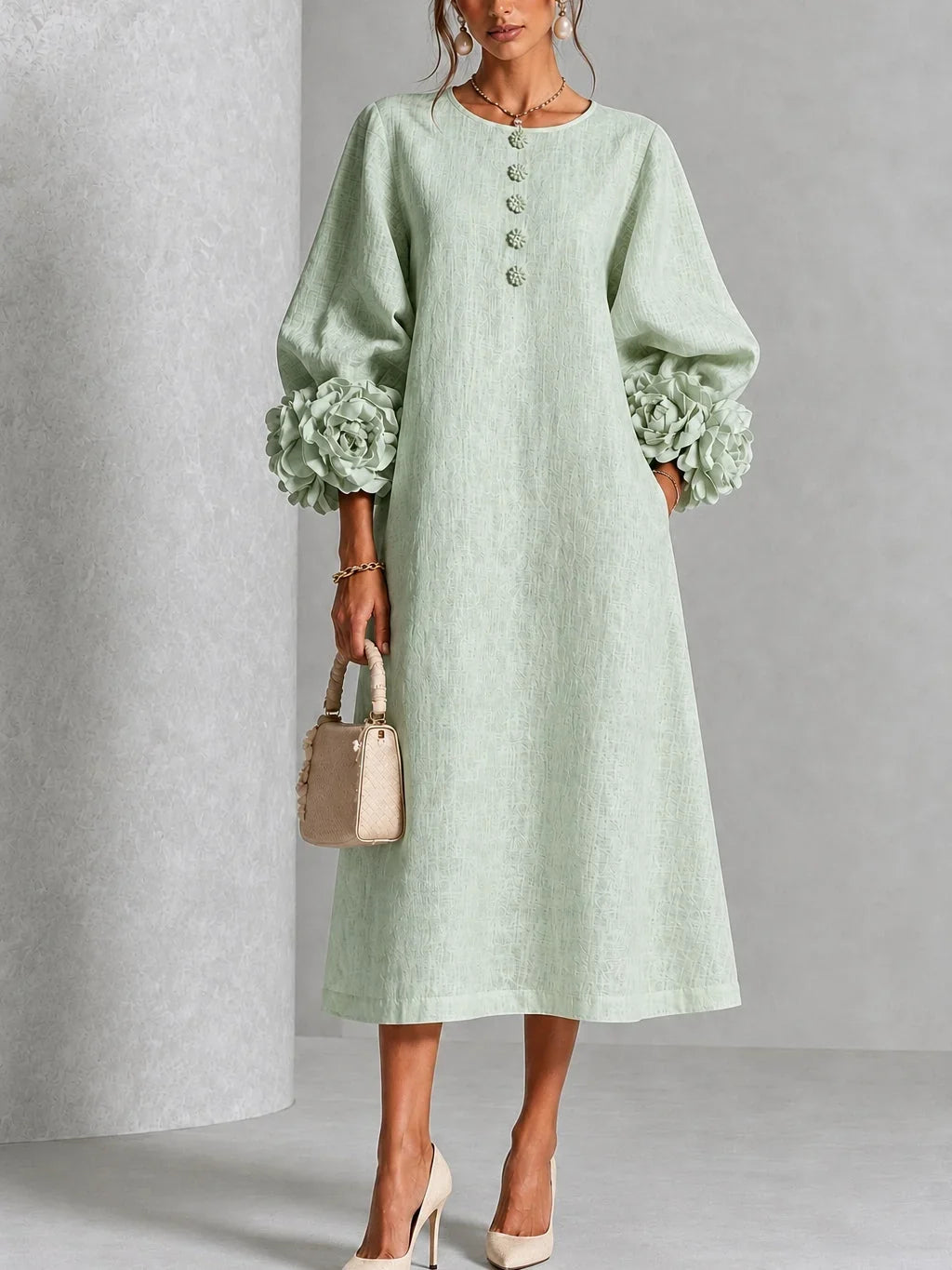 Arabella | Floral-Cuff Midi Dress