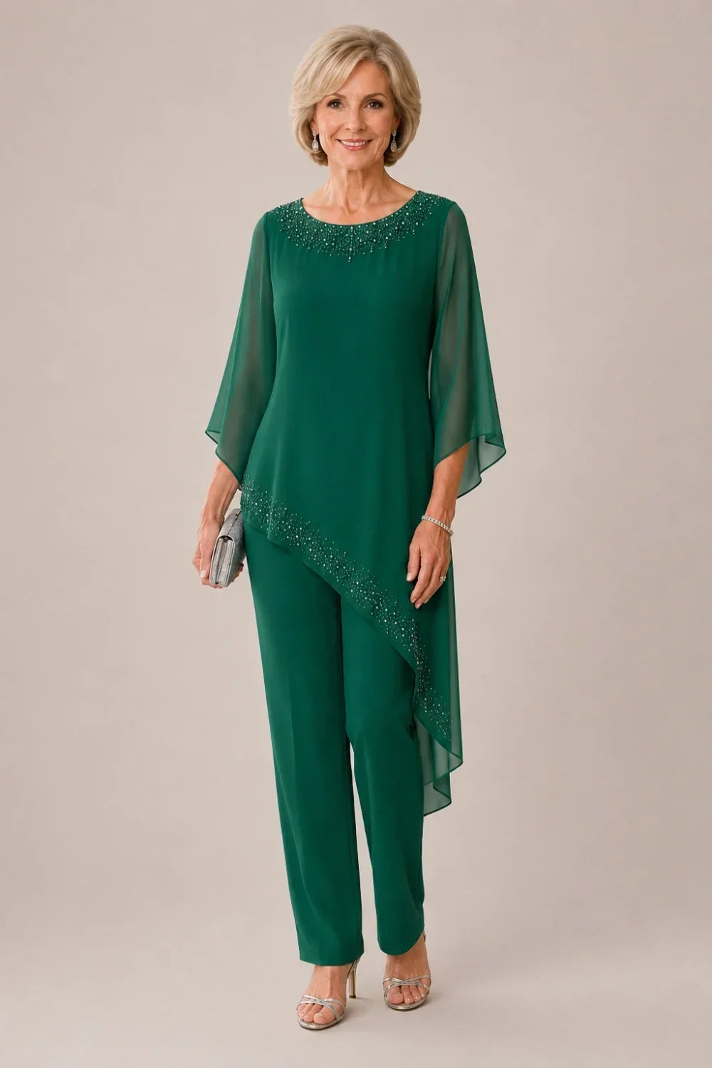 Beaded Chiffon Overlay Mother of the Bride Pant Suit
