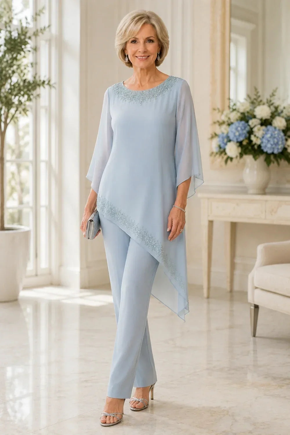 Beaded Chiffon Overlay Mother of the Bride Pant Suit