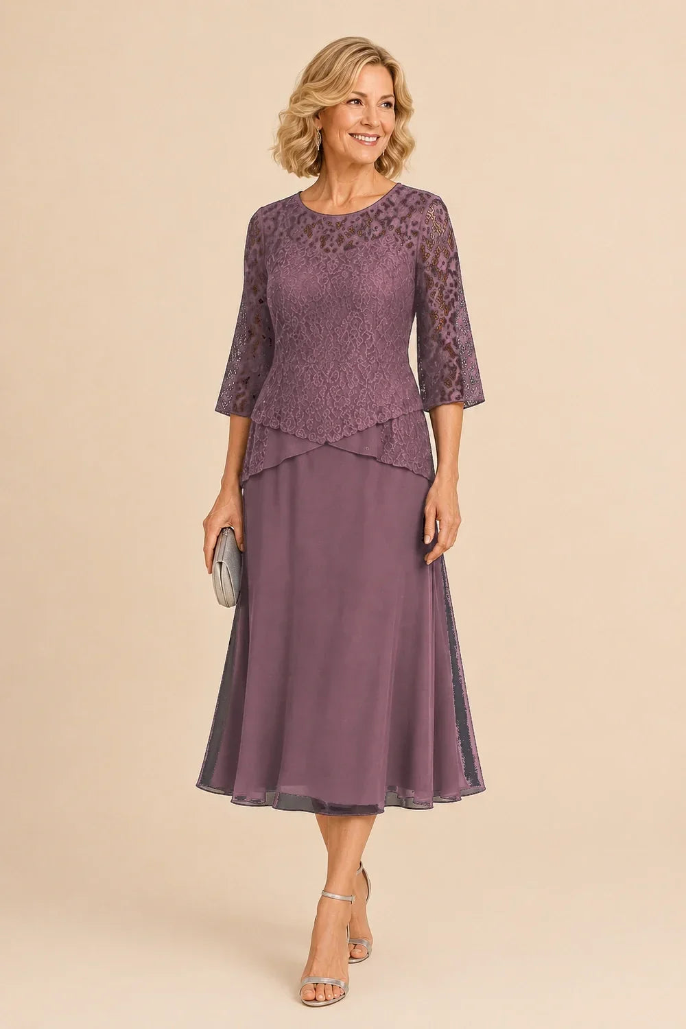 Beaded Lace Asymmetric Tea-Length Chiffon Dress