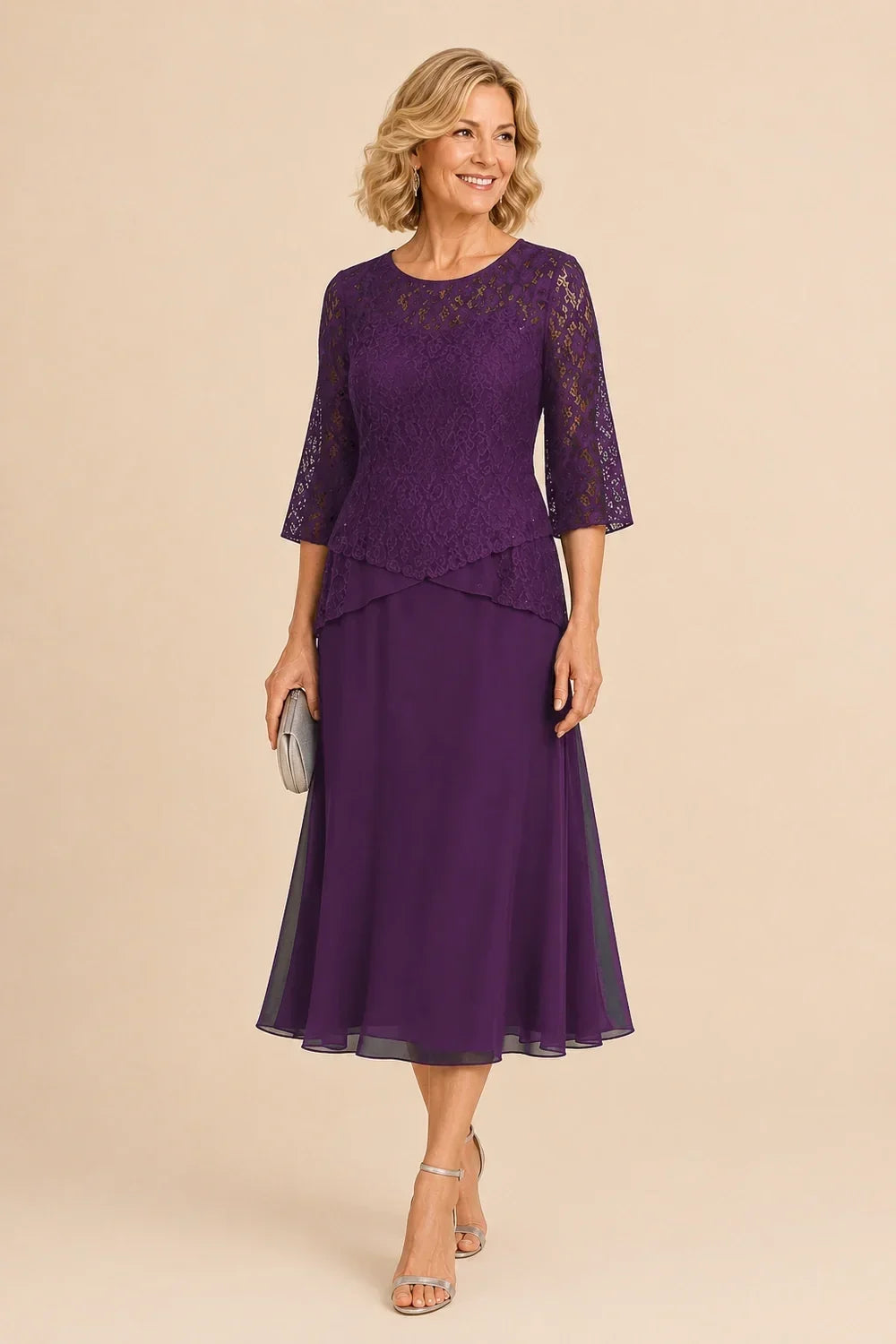 Beaded Lace Asymmetric Tea-Length Chiffon Dress