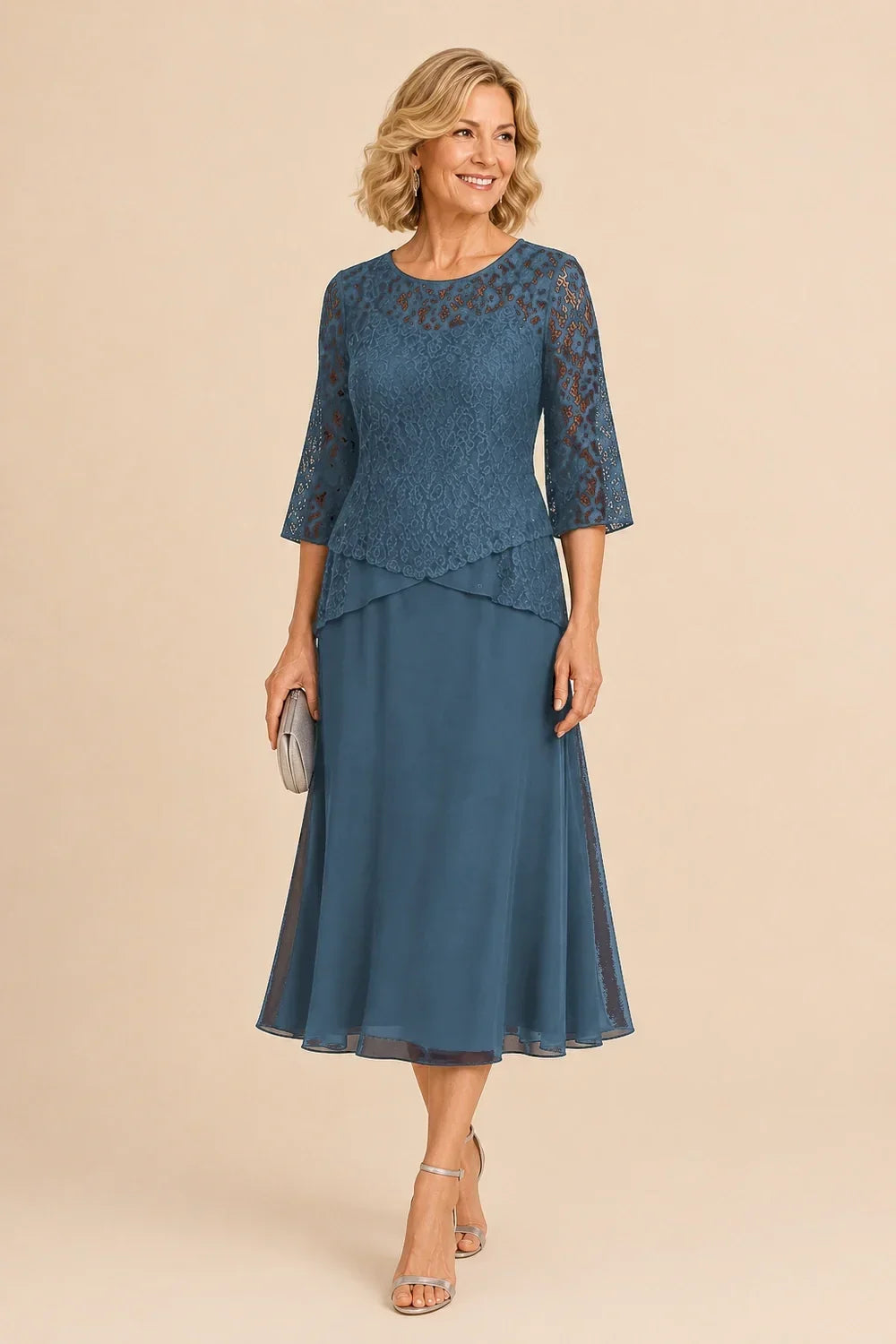 Beaded Lace Asymmetric Tea-Length Chiffon Dress