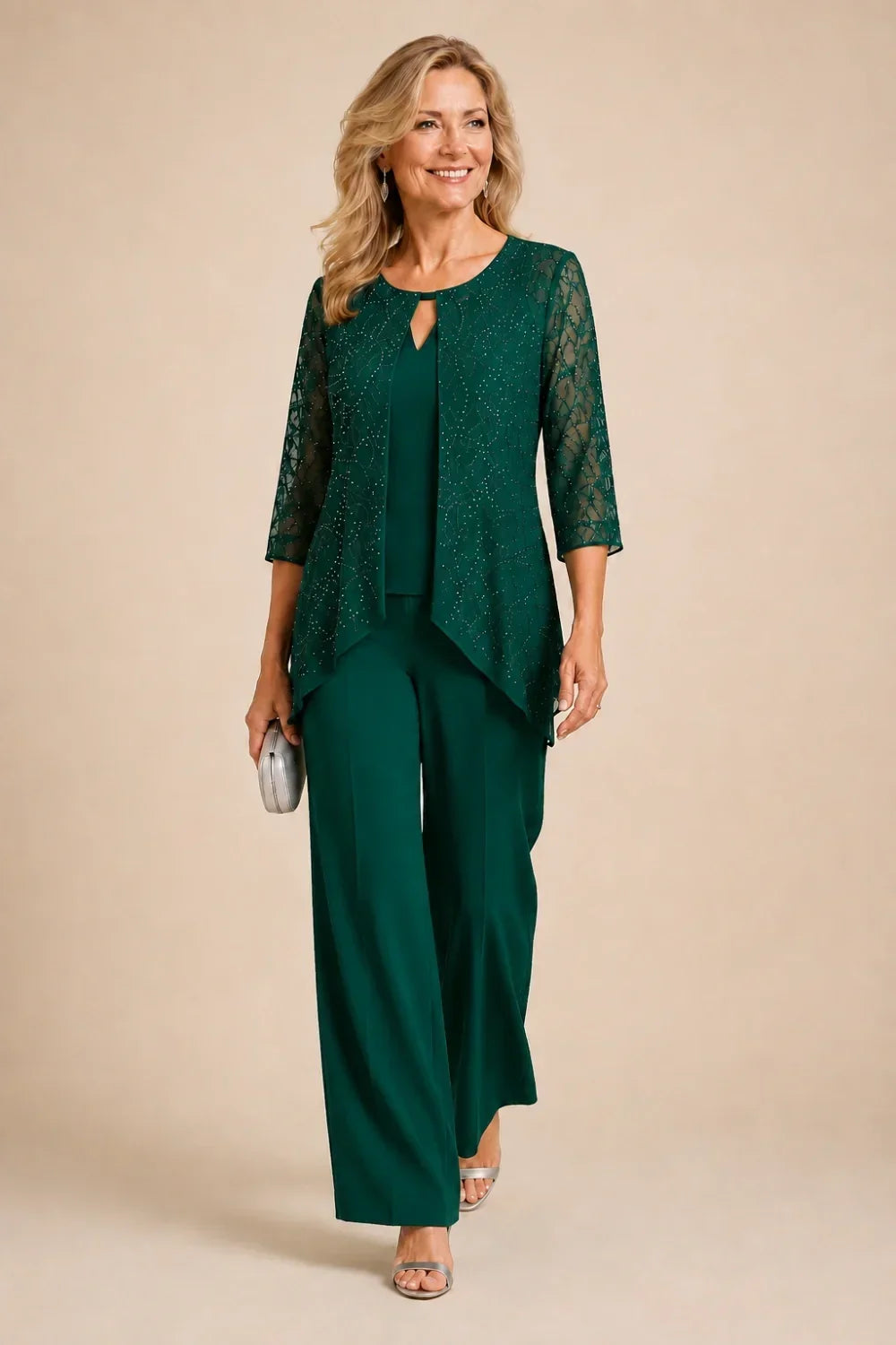Beaded Lace Layered Wide-Leg Pant Suit