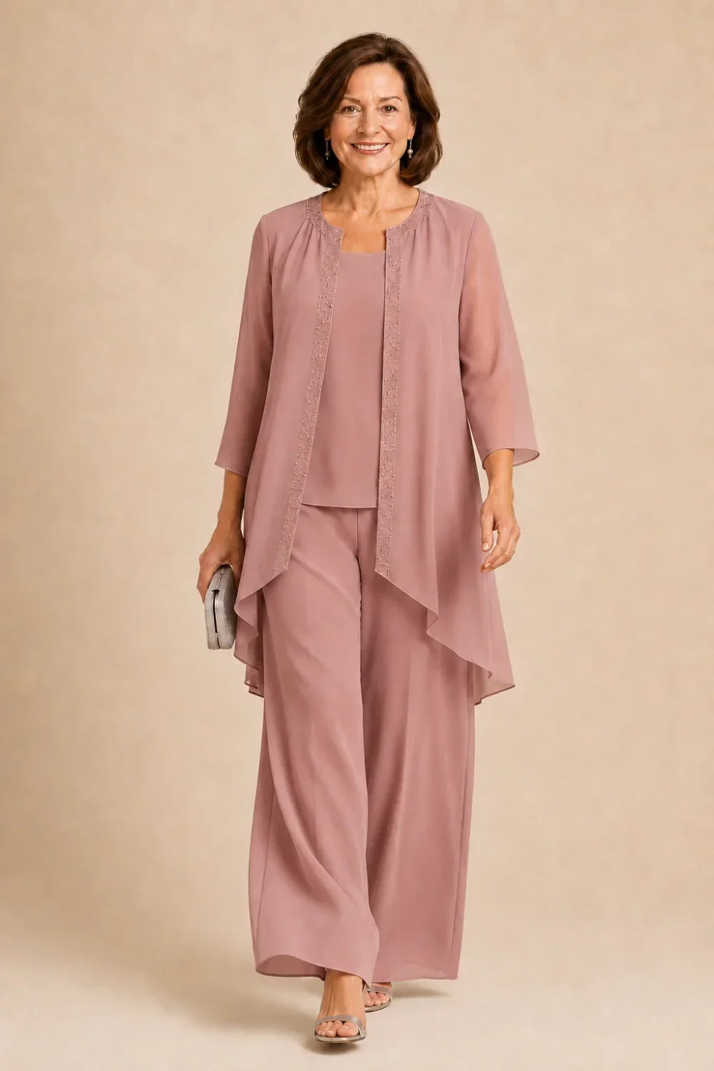 Beaded Three-Piece Chiffon Pant Suit with Draped Jacket