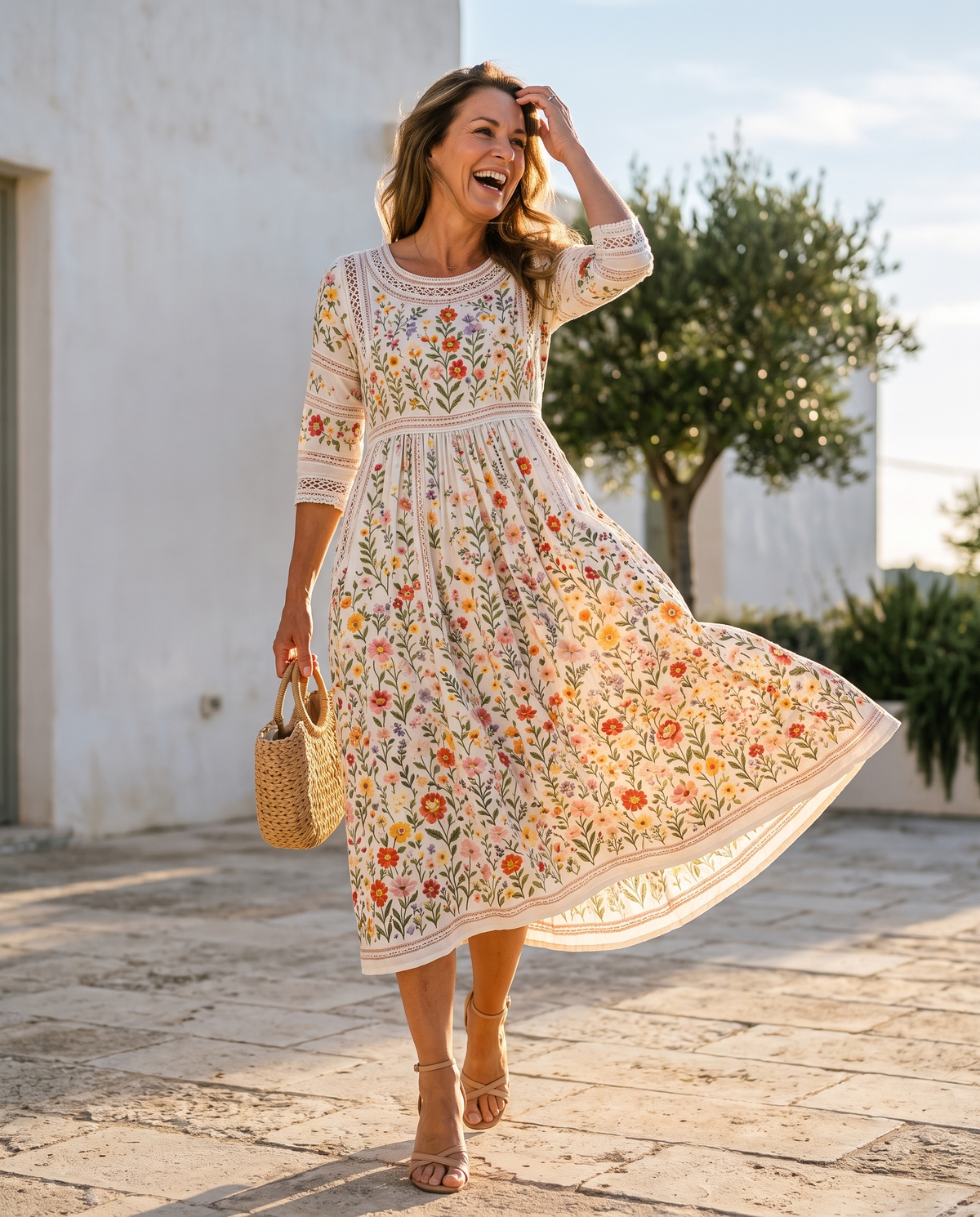 Meadow | Floral Crochet-Trim Midi Dress