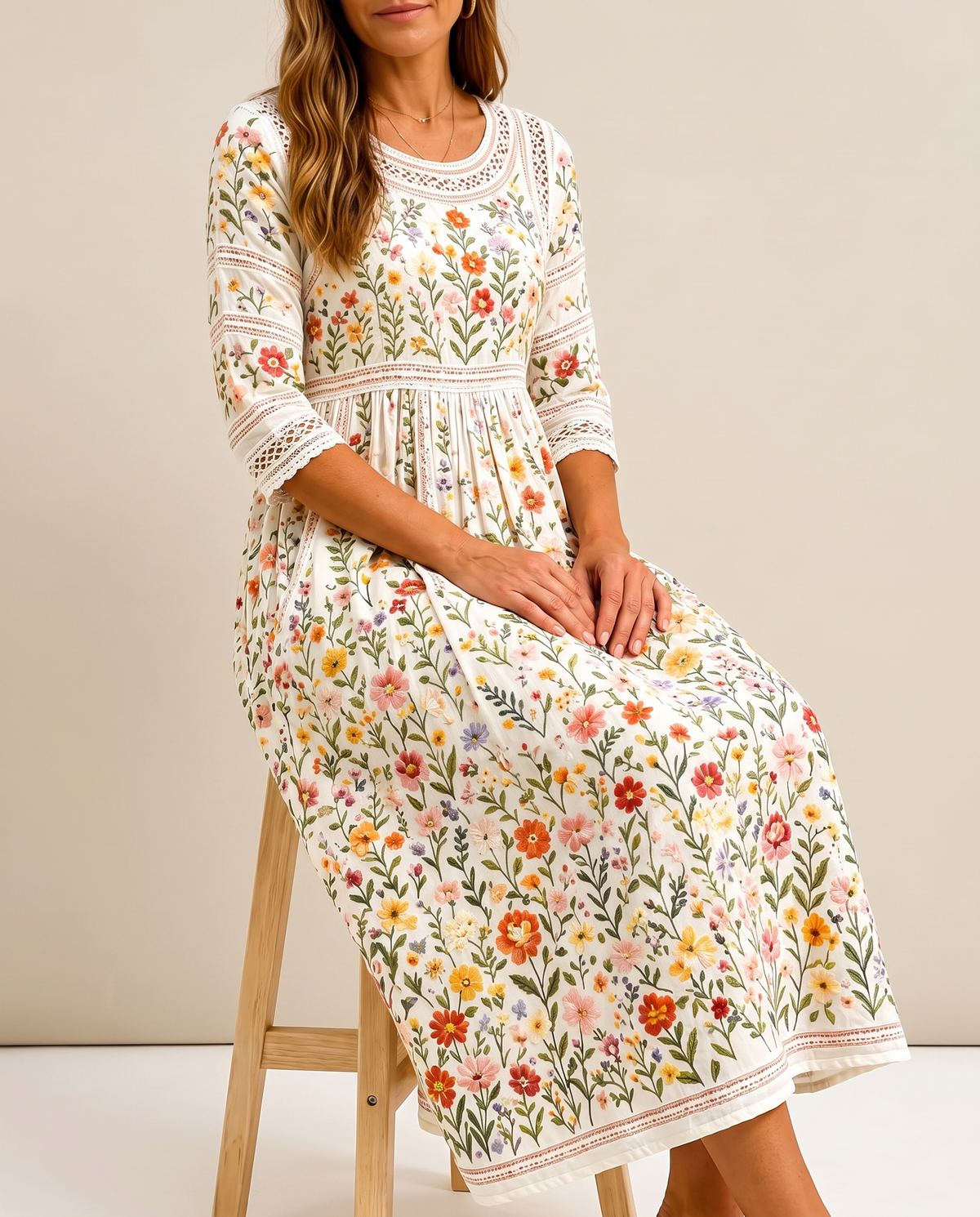 Meadow | Floral Crochet-Trim Midi Dress